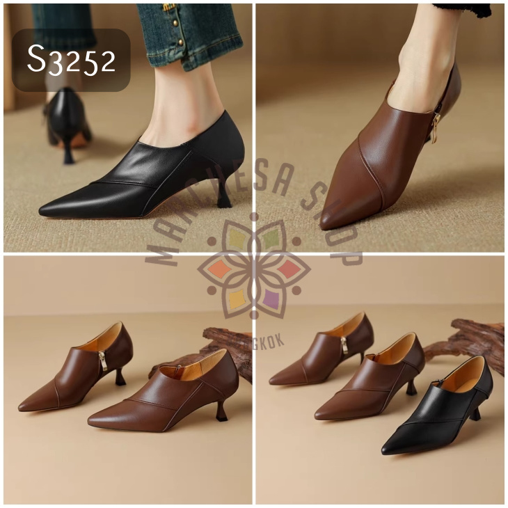 S3252 - 全真皮羊皮拼線尖頭高踭鞋