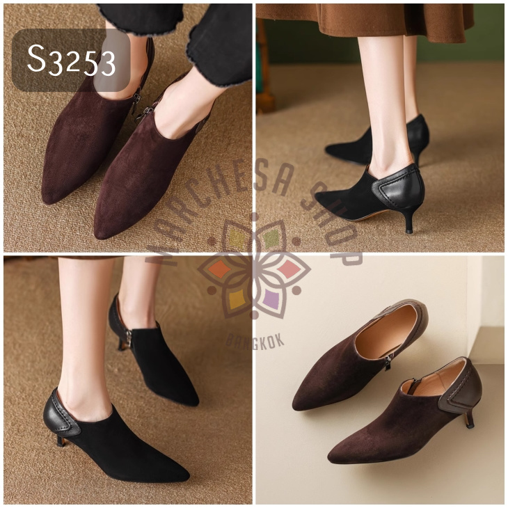 S3253 - 全真皮羊猄皮後踭車線尖頭高踭鞋