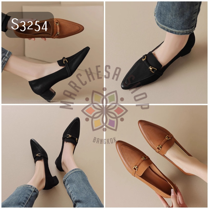 S3254 - 全真皮羊皮一字扣車線尖頭低踭休閒鞋