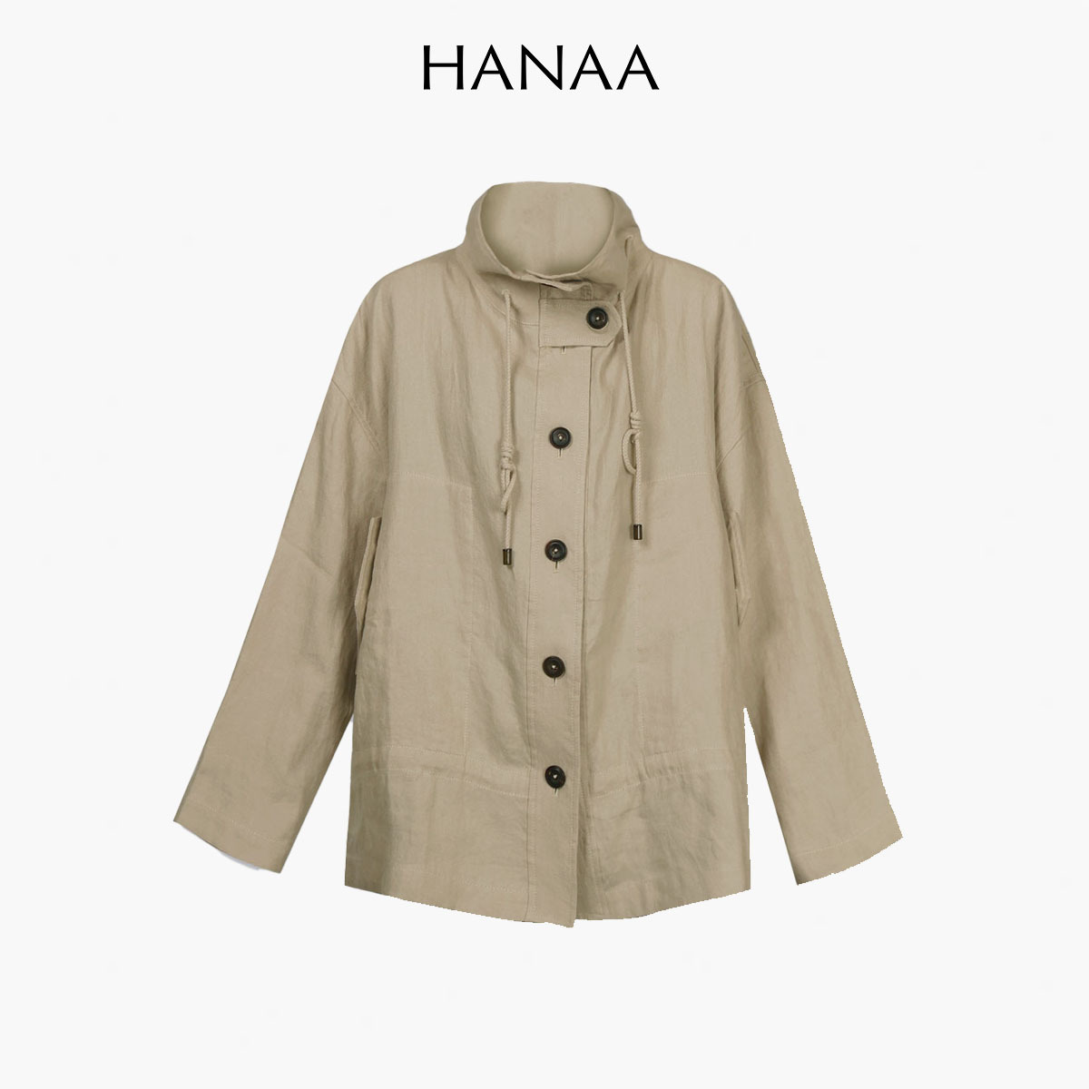 HANAA新款進口亞麻休閒立領抽繩夾克外套