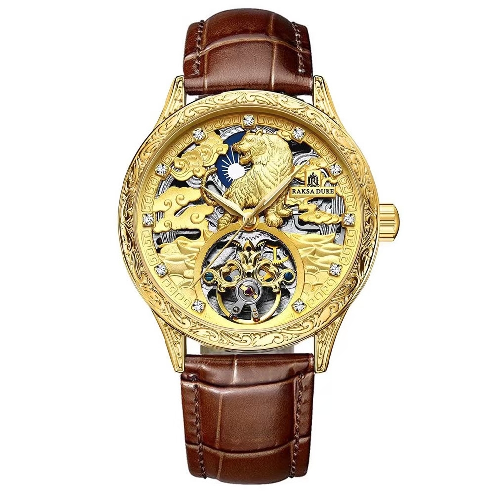 (預購)【RAKSA DUKE羅薩公爵】RSD-021 虎年款雕花設計錶盤 夜光指針 晶鑽時標 日月星辰 小牛皮錶帶 機械錶