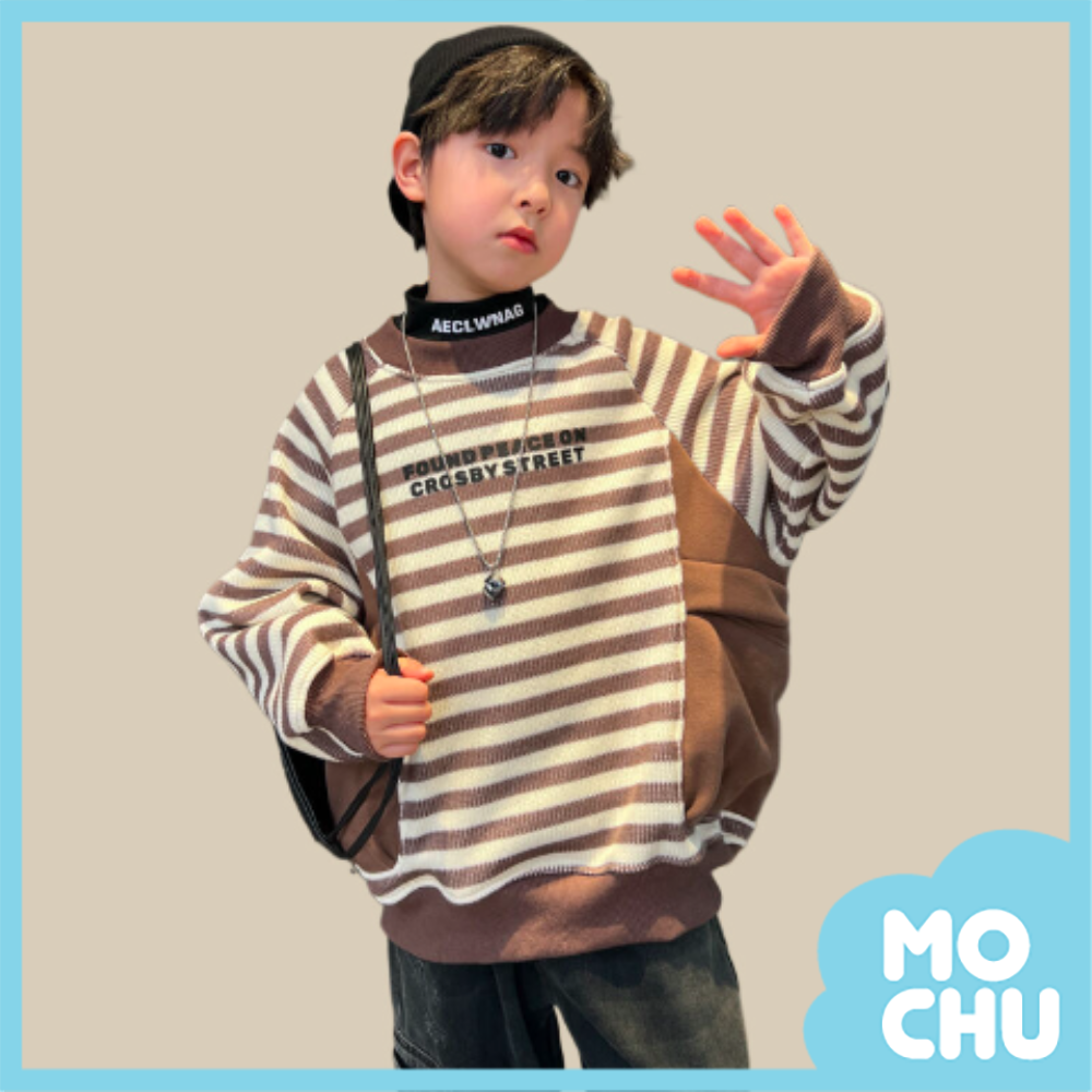 咖條紋拼接加絨上衣