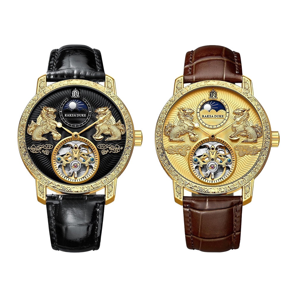 (預購)【RAKSA DUKE 羅薩公爵】RSD-025 雙獅迎曦 浮雕錶盤 防水30米 防水30米 真皮錶帶 機械錶