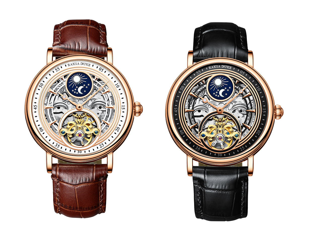 【RAKSA DUKE 羅薩公爵】RSD-028 質感機械腕錶 日月星辰 夜光指針 鏤空 小牛皮錶帶 防水30米