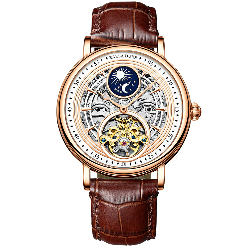 【RAKSA DUKE 羅薩公爵】RSD-028 質感紳士 日月星辰 夜光指針 鏤空 小牛皮錶帶 機械 手錶