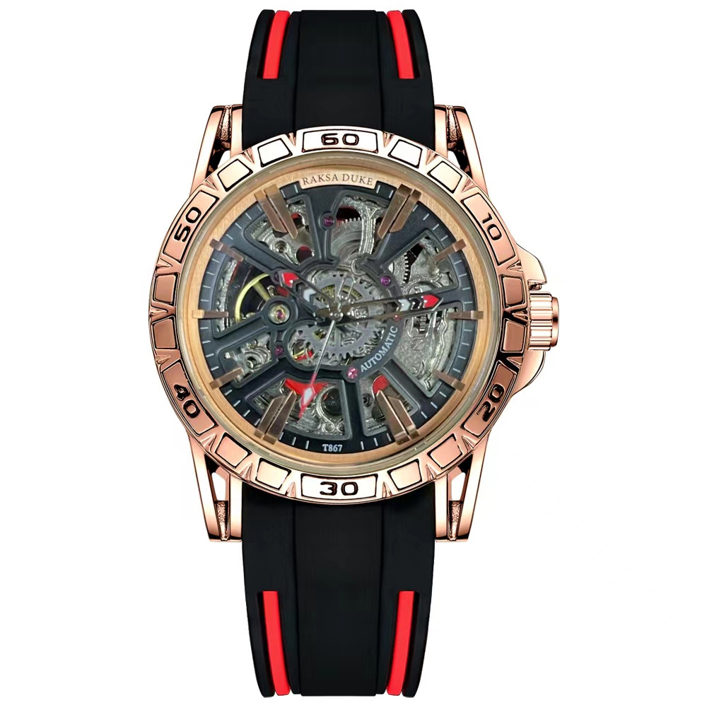 【RAKSA DUKE 羅薩公爵】RSD-033 潮流 雙面 鏤空 錶盤 夜光指針 矽膠錶帶 防水30米 機械腕錶