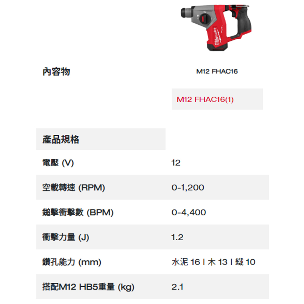 ＊中崙五金【附發票】美沃奇 12V鋰電無碳刷免出力鎚鑽 M12 FHAC16-0 M12 FHAC16 M12HB5