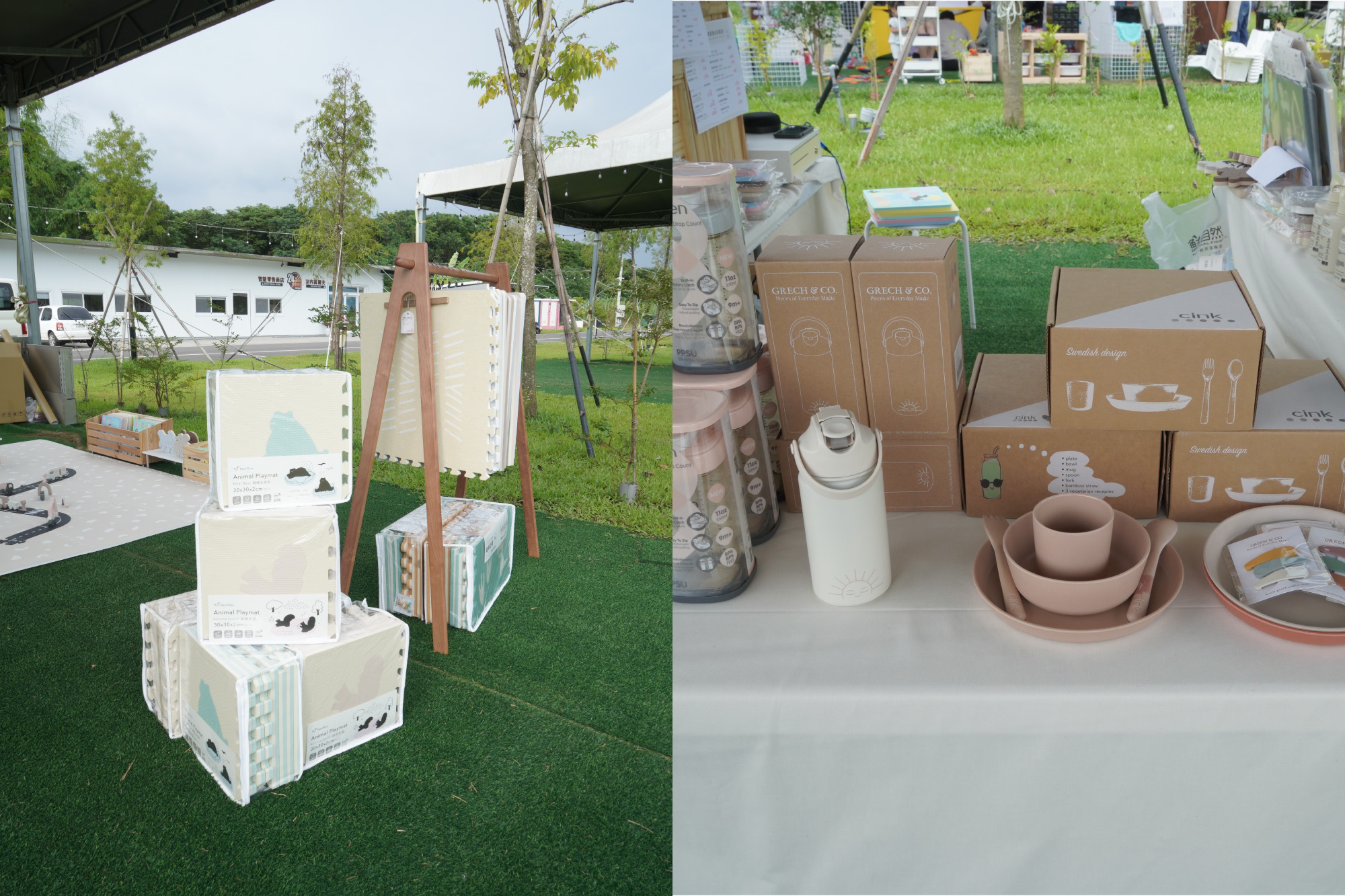 這是一張攤位上的地墊和選品照