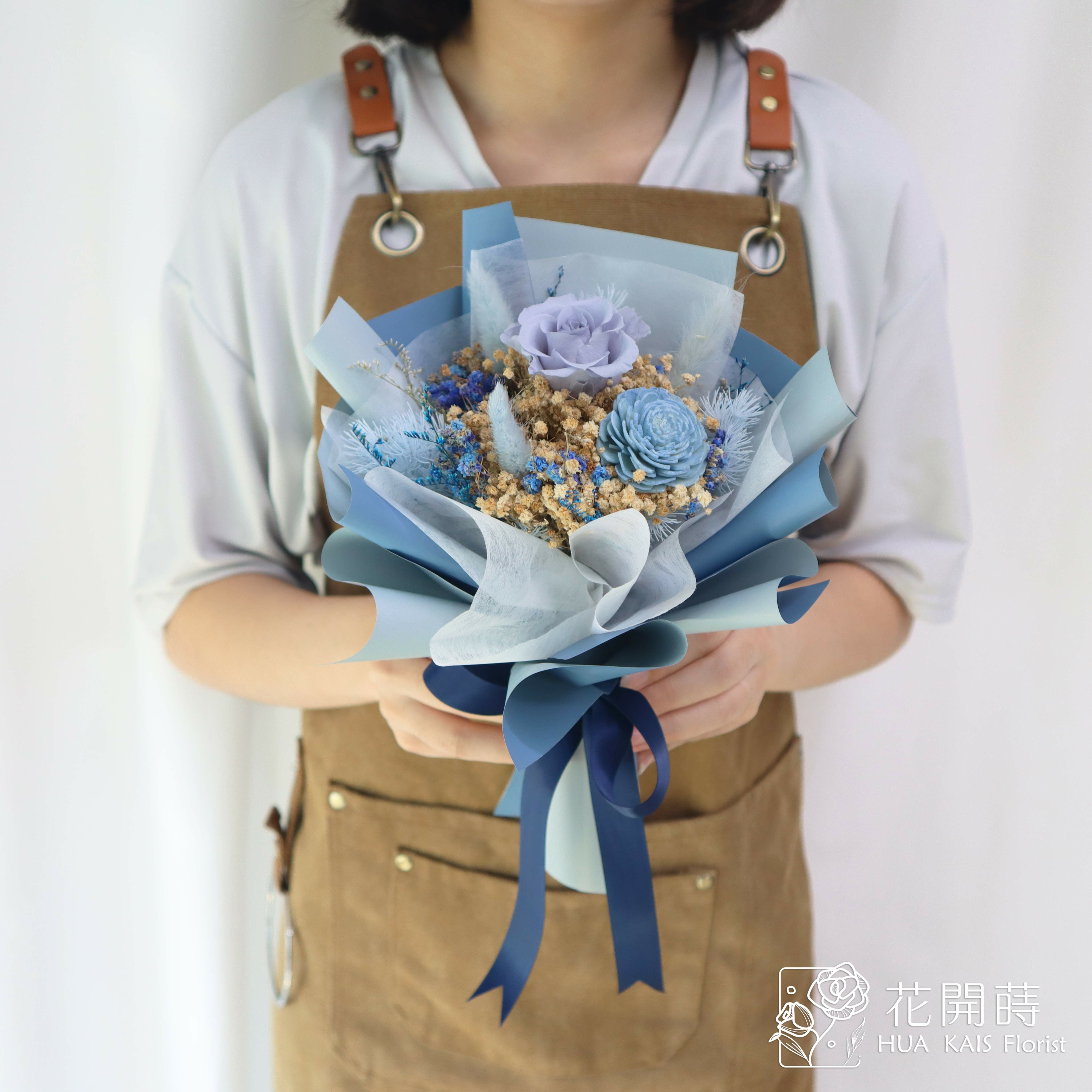 永生玫瑰花束|霧藍色S|單枝花束|永生花|情人節花束|小花束