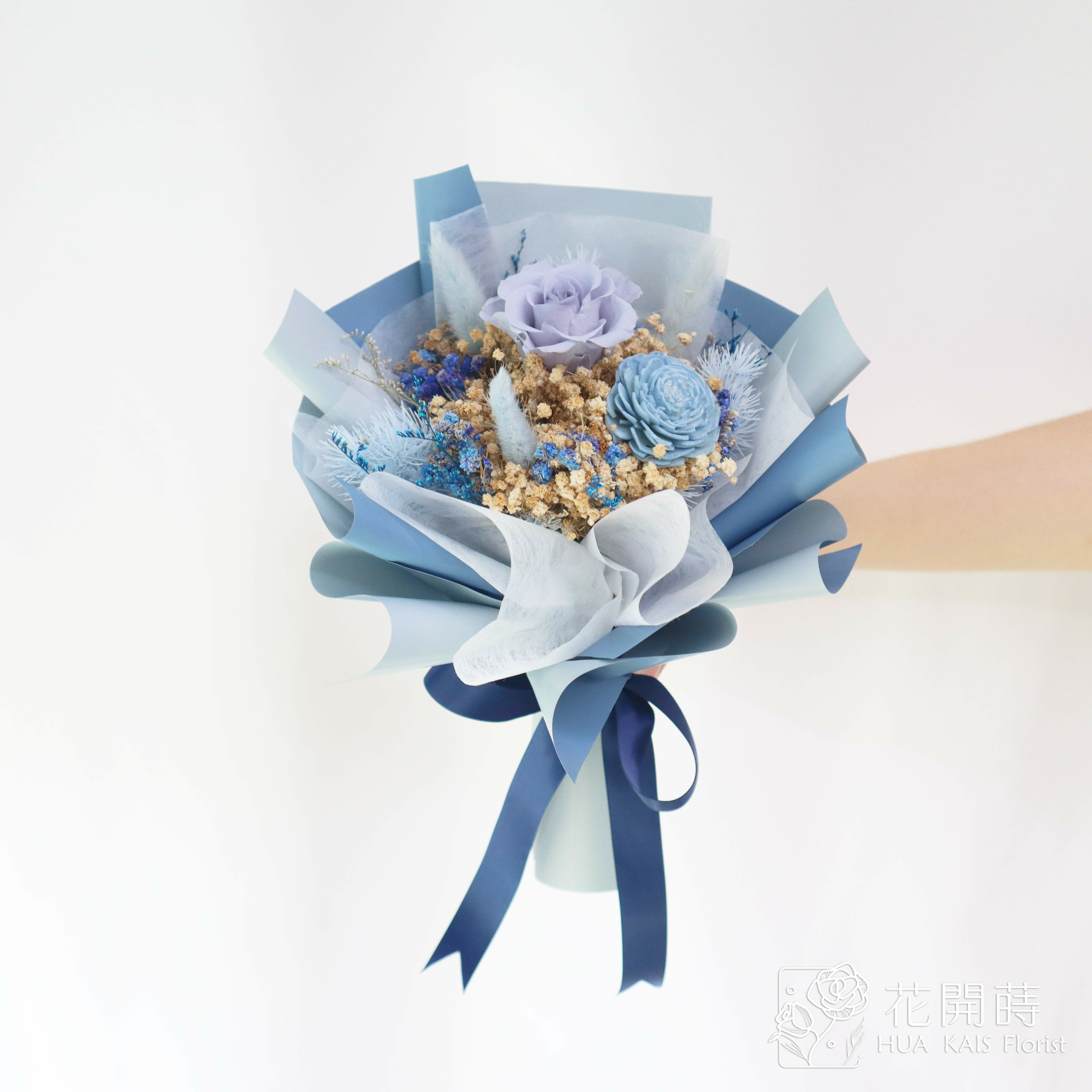 永生玫瑰花束|霧藍色S|單枝花束|永生花|情人節花束|小花束