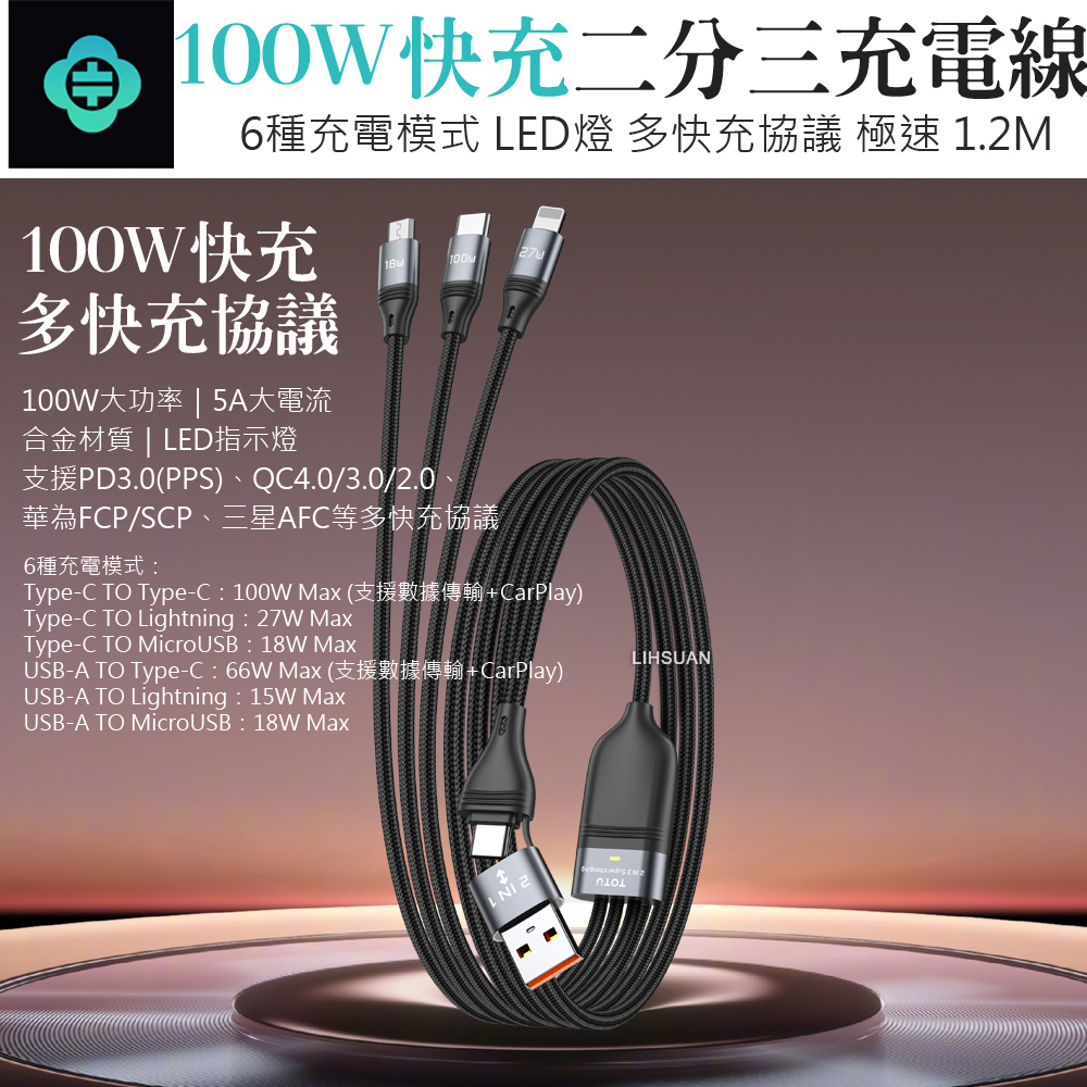 TOTU 拓途 二分三 PD/Lightning/TypeC/安卓MicroUSB/iPhone充電線傳輸線快充線 極速 1.2M