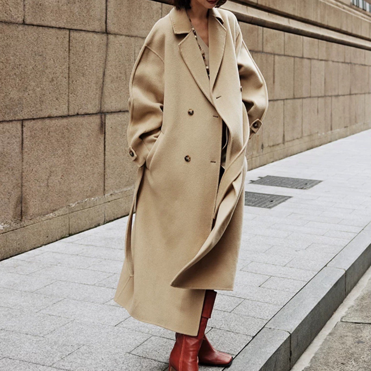 奶茶杏附綁帶100%羊毛大衣外套S-M (Elegant & Love)