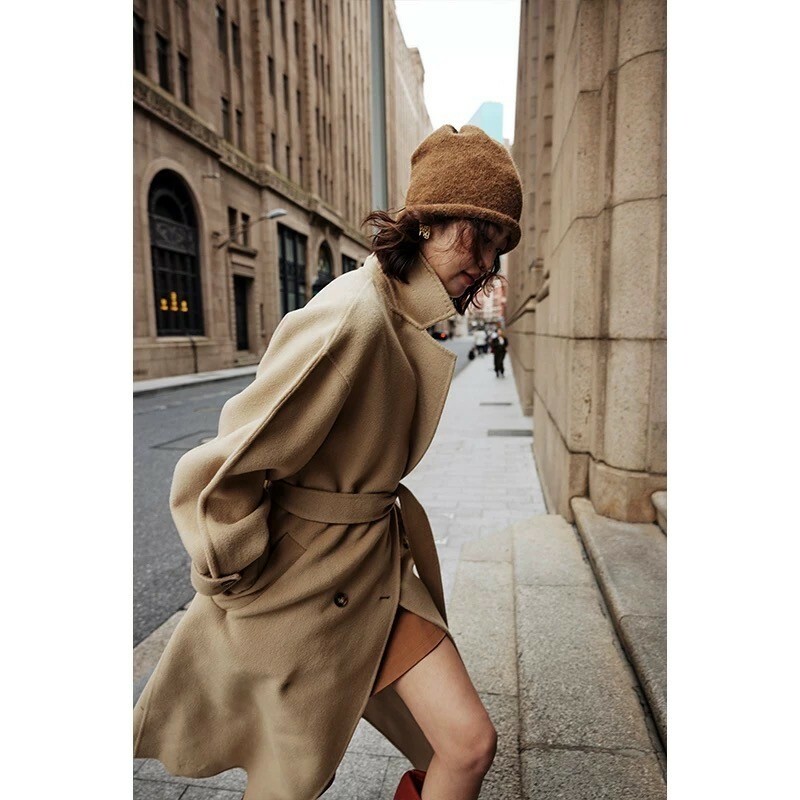 奶茶杏附綁帶100%羊毛大衣外套S-M (Elegant & Love)