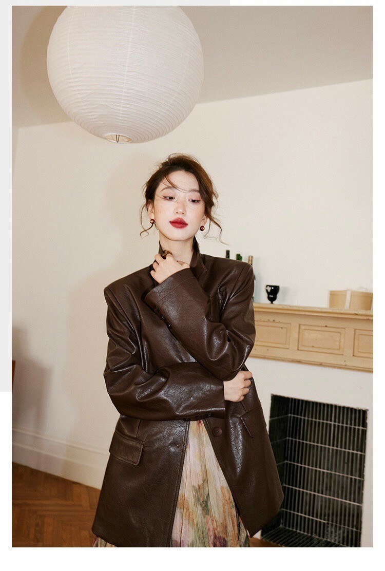 條紋反摺袖造型PU皮革西裝外套皮衣XS-M (Elegant & Love)