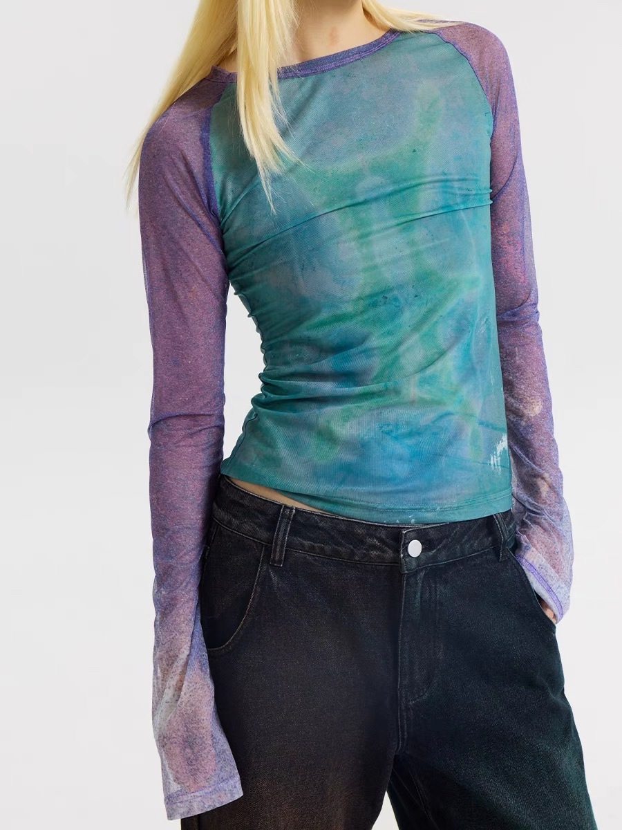 CONP 插肩網紗銹跡修身上衣