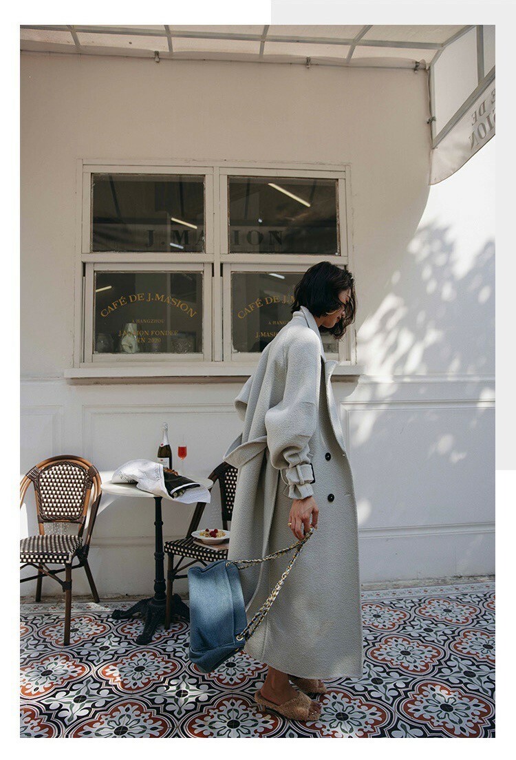 淺灰雙排釦附綁帶8%羊毛大衣外套S-M (Elegant & Love)