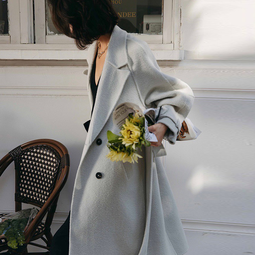 淺灰雙排釦附綁帶8%羊毛大衣外套S-M (Elegant & Love)