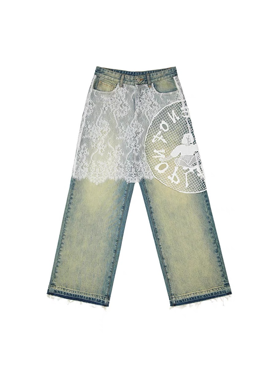 CONP 雷絲拼接牛仔水洗褲