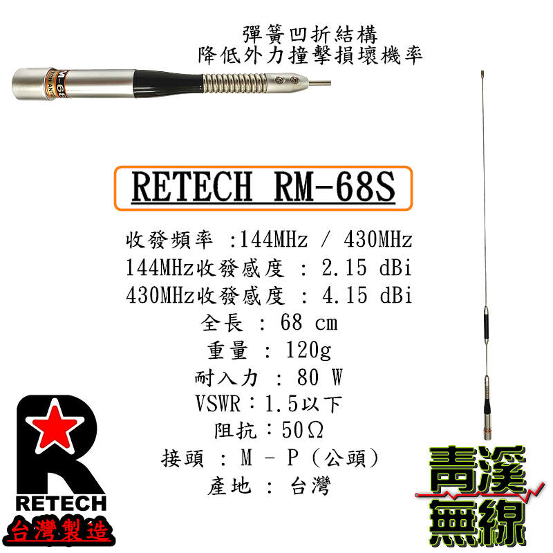 (已停產)RETECH RM-68S 無線電 雙頻天線 RM68S 車用天線 全長68cm 車機 日本工法 台灣製造