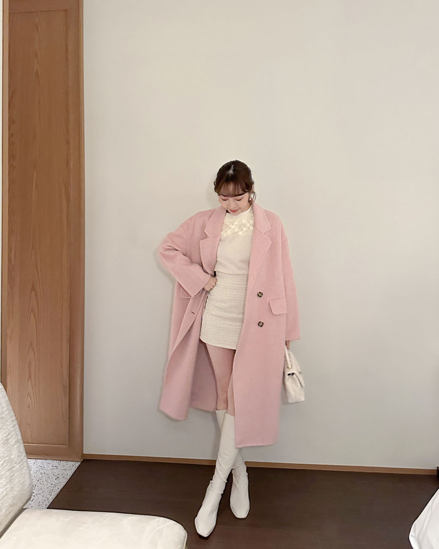 LINA LINA韓妞特調琥珀釦口袋雙面羊毛大衣-莓果粉