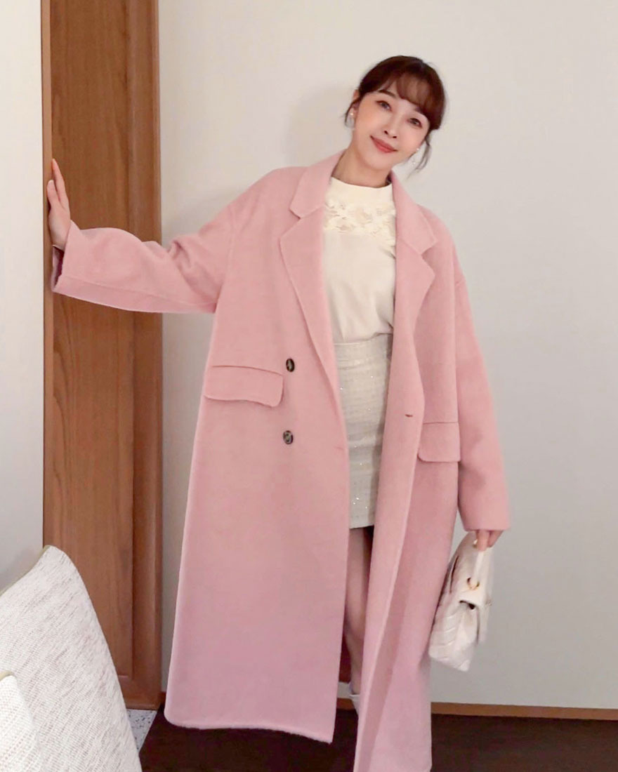 LINA LINA韓妞特調琥珀釦口袋雙面羊毛大衣-莓果粉