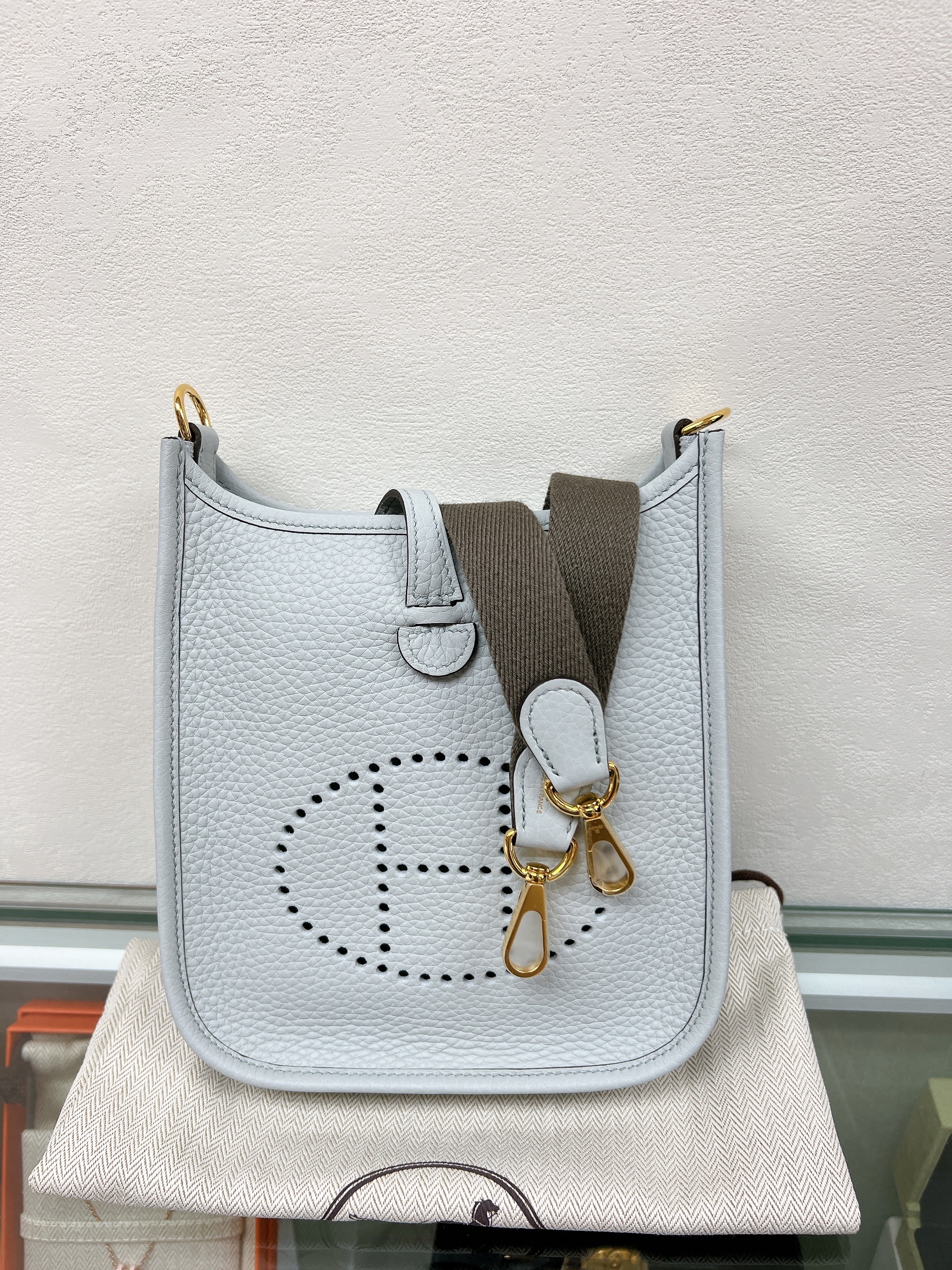 *Brand New* Hermes mini evelyne (bleu pale GHW stamp w)
