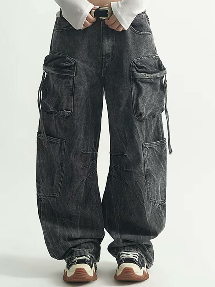 韓國經典爆裂紋工裝牛仔褲 多口袋