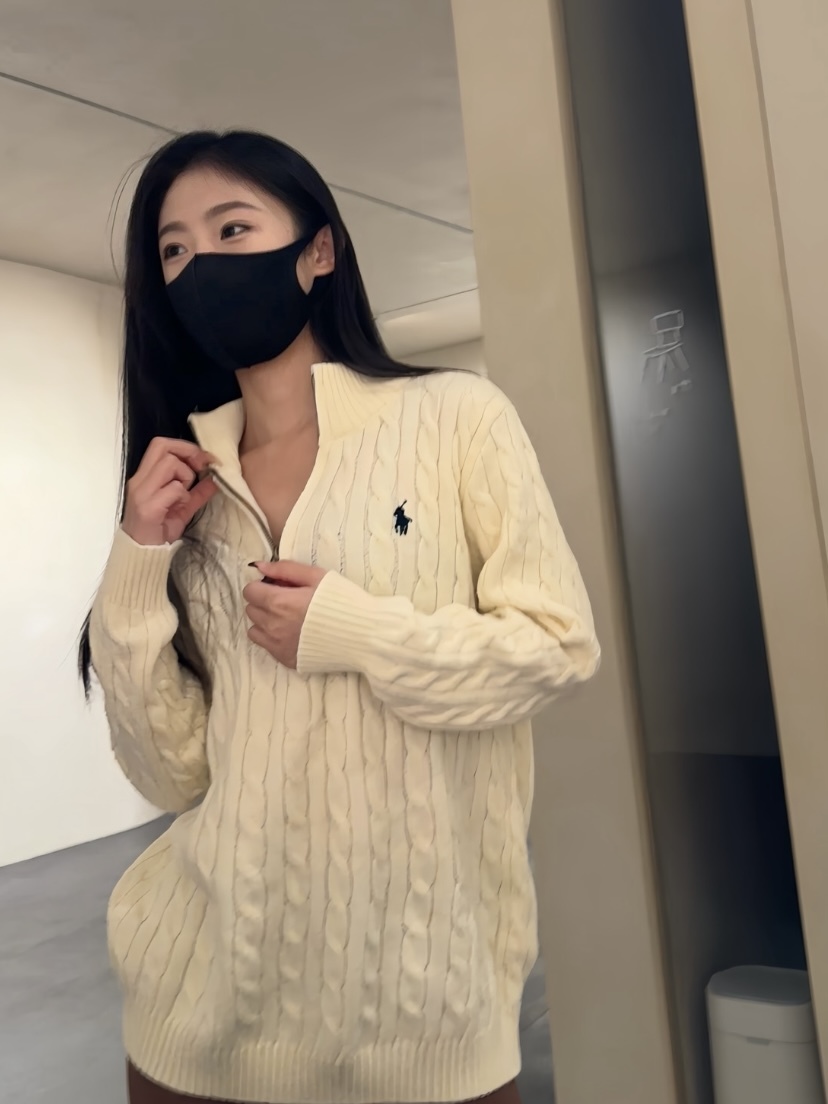 Polo Ralph Lauren 男裝純色高領半拉鍊長袖毛衣白色