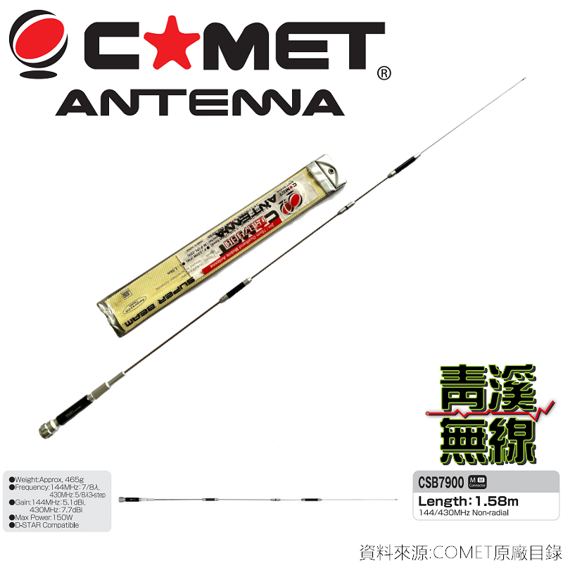 (已停產)COMET CSB-7900 雙頻天線 車用天線 高感度收發 粗曠設計 全長158cm 日本進口品牌