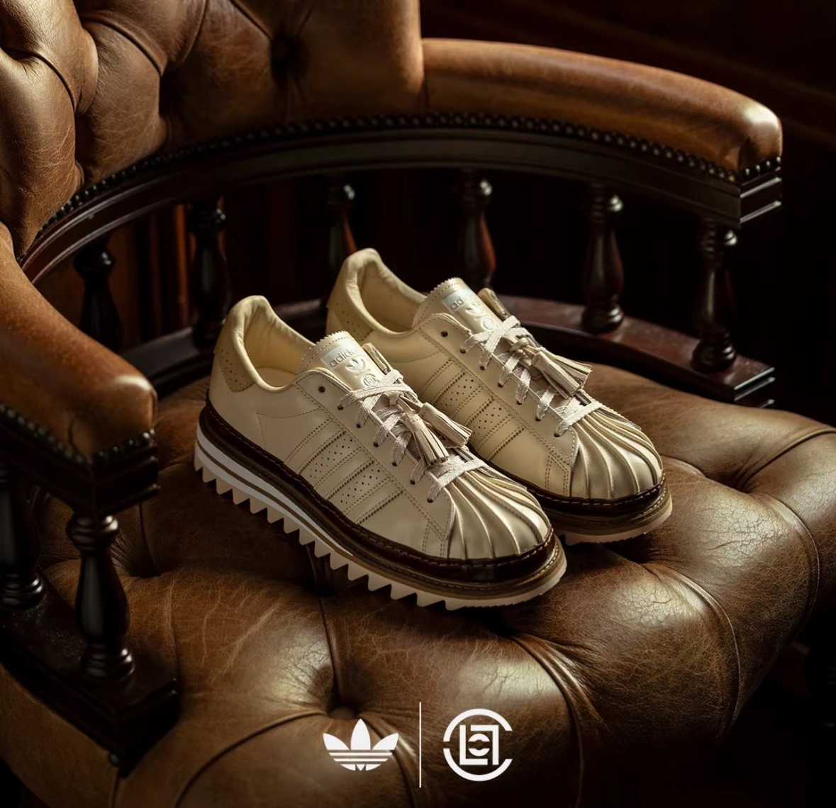 Adidas Originals Superstar x Clot 奶茶色 牛津鞋 皮革 雕花 厚底 男女同款 JQ6117/預購