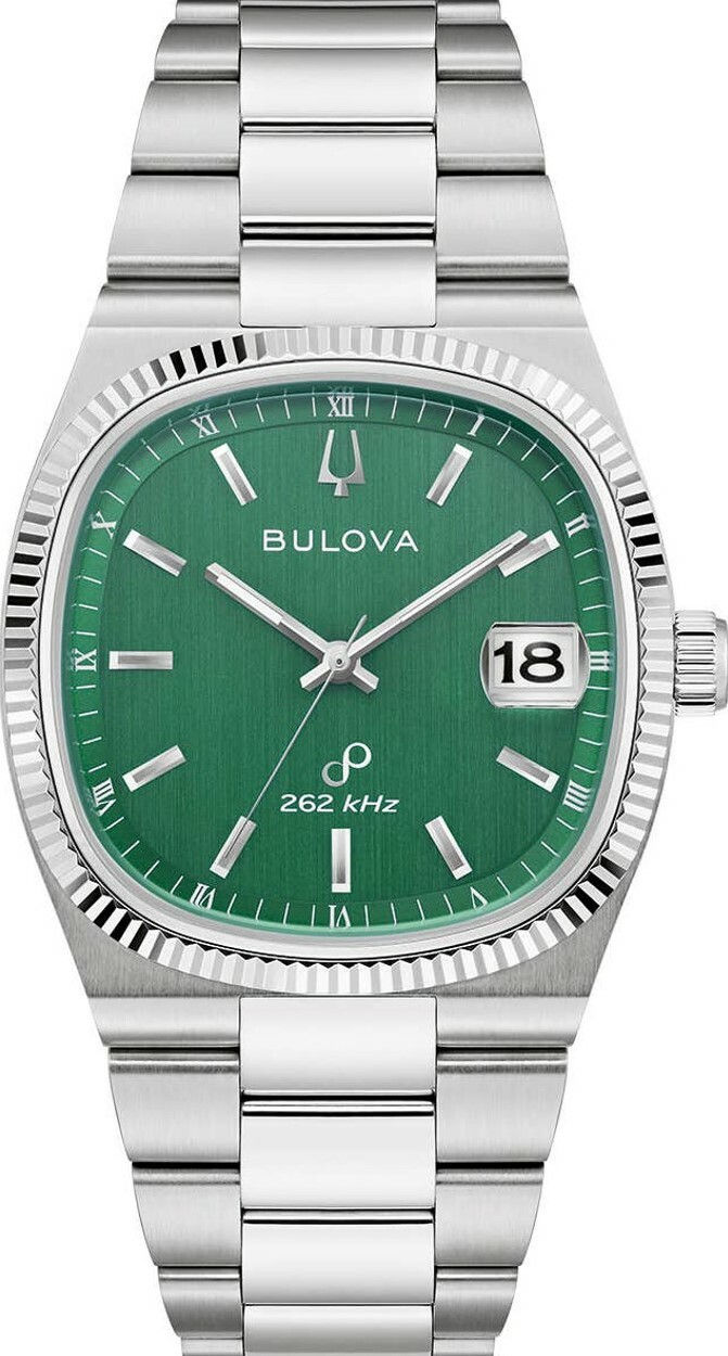 萬年鐘錶 - BULOVA 寶路華   Super Seville 超級塞維利亞系列  方形復古262kHz超頻精準不銹鋼綠色錶盤石英機芯男錶  96B439  錶徑 38MM