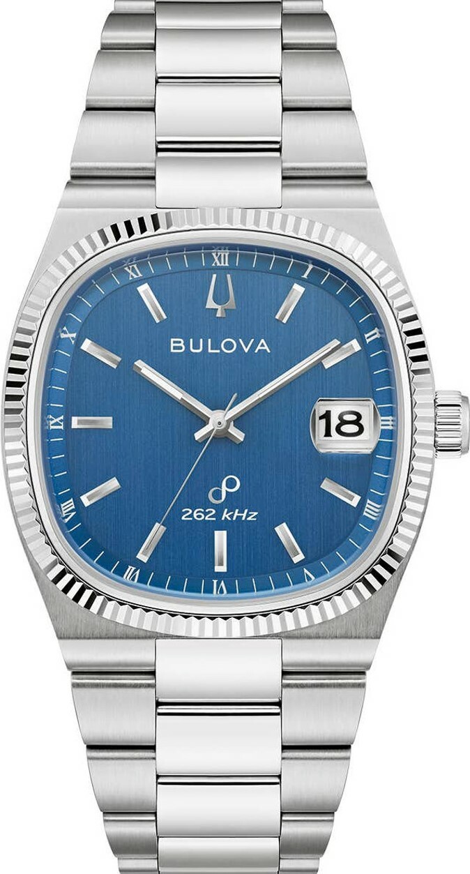萬年鐘錶 - BULOVA 寶路華   Super Seville 超級塞維利亞系列  方形復古262kHz超頻精準不銹鋼綠藍色錶盤石英機芯男錶  96B440  錶徑 38MM