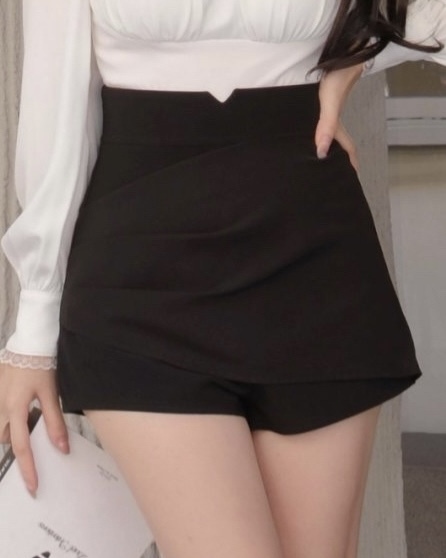 訂製-質感拼接雪紡垂墜短褲