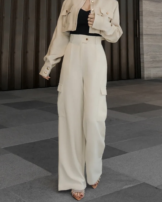 訂製-個性高腰金釦口袋寬褲