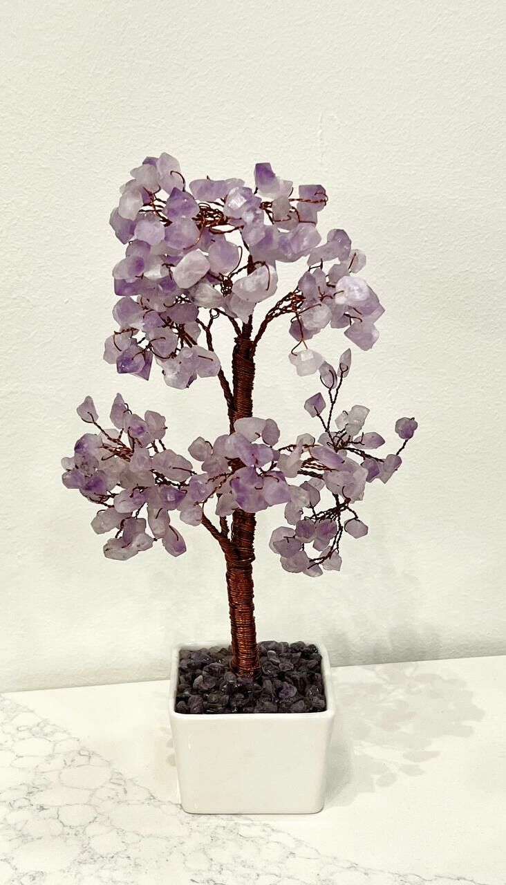 [S] GEMZ & CO BFG RAW AMETHYST QUARTZ COPPER TRUNK TREE IN WHITE CERAMIC POT, X45 (X45)