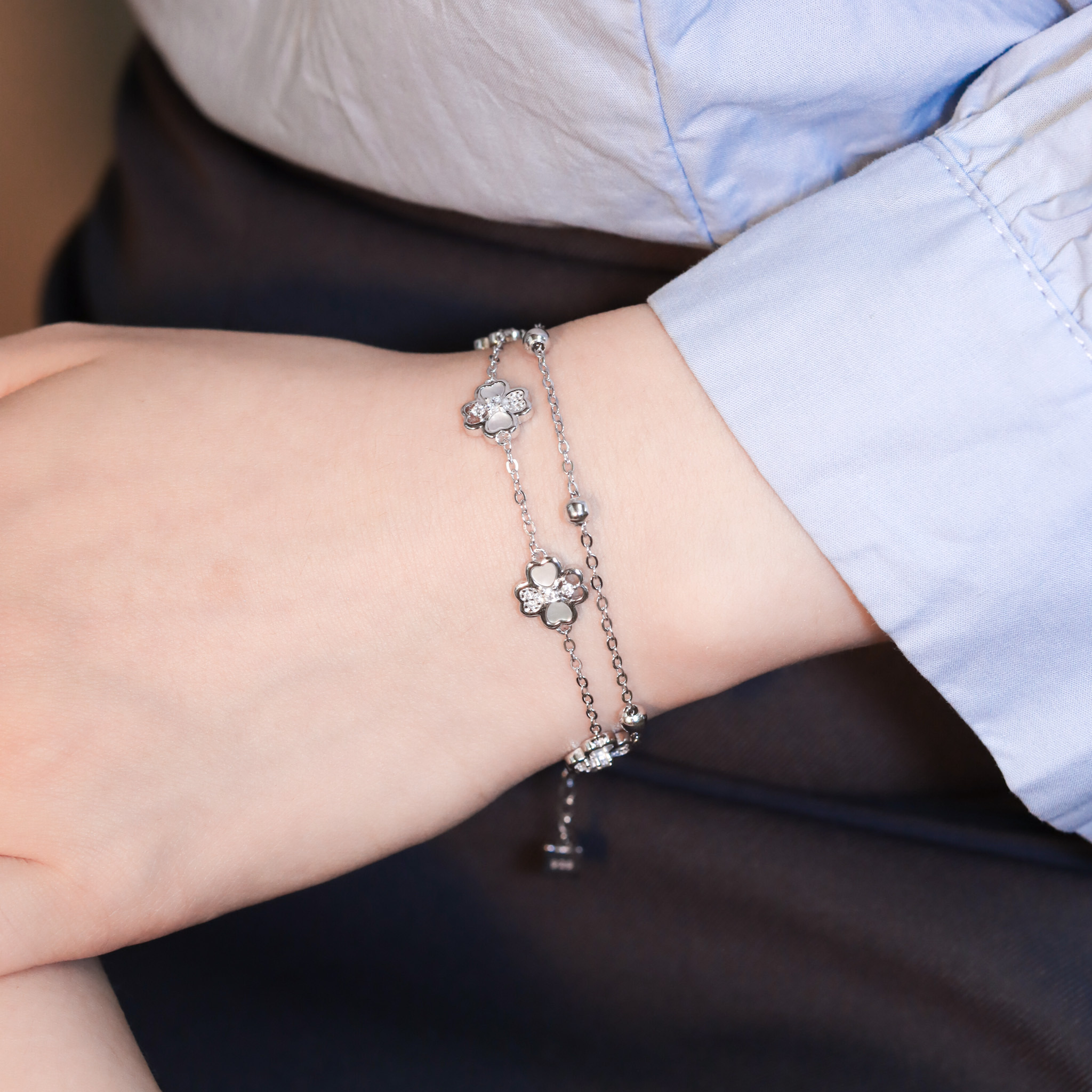 | 925純銀・厚鍍白金・厚鍍玫瑰金 | 凝聚幸福雙層手鏈(銀/玫瑰金) | BR1171 |