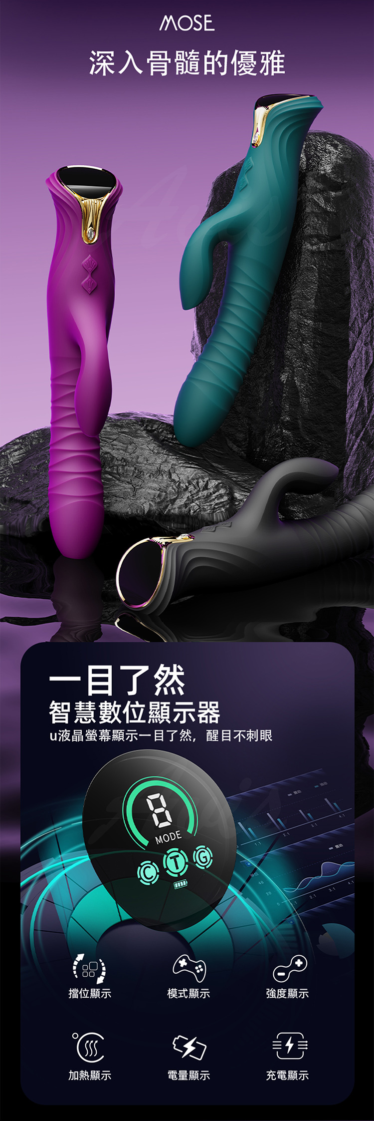 Zalo Mose 雙頭伸縮抽插電動按摩棒 螢幕顯示