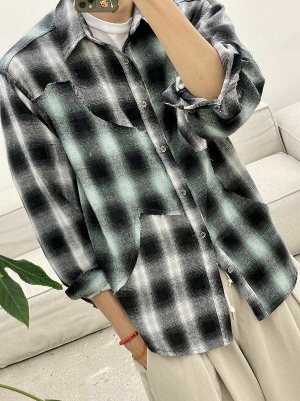 拼色格仔長袖恤衫 HIGH FIVE-117S