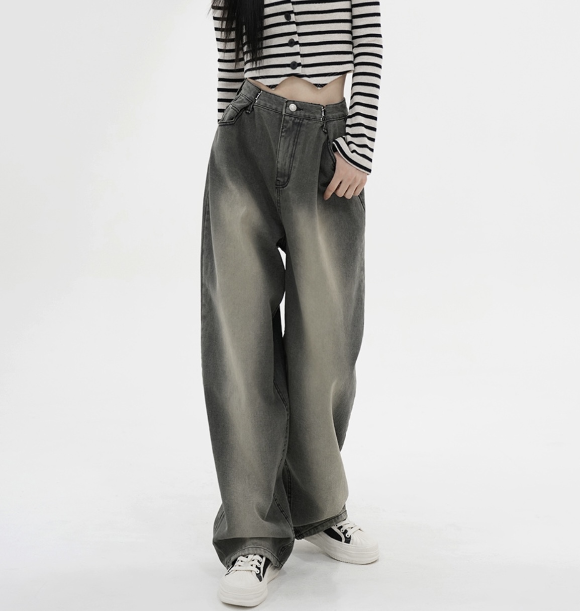 韓國連線🇰🇷 Avandress 復古水洗縮腰牛仔褲 長褲 寬褲 牛仔 秋冬 灰黑色 淺藍色/預購