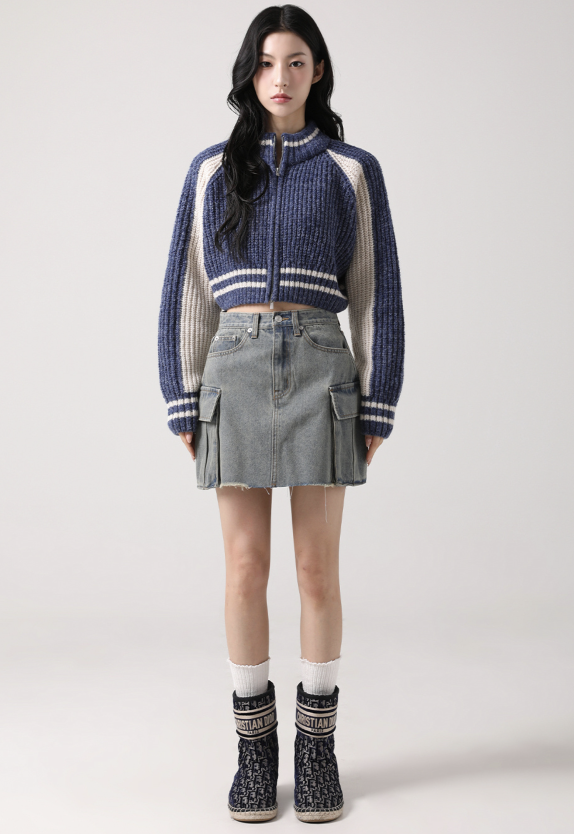 韓國連線🇰🇷 Avandress 短版拉鍊針織衫 短版 針織 長袖 秋冬 粉色 海軍藍色 綠色/預購