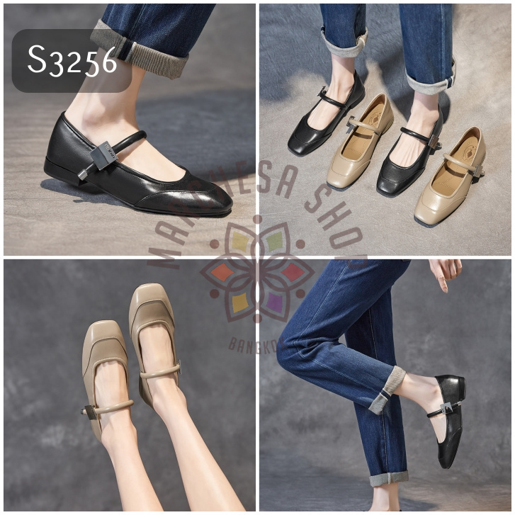 S3256 - 真皮牛皮方頭 Mary Jane一字帶平底鞋