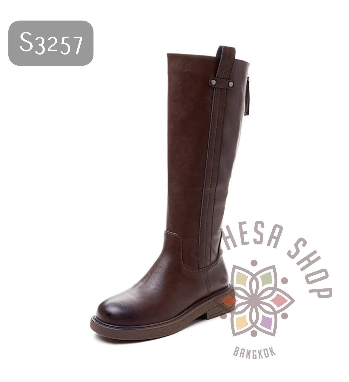 S3257 - 全真皮羊軟皮水磨圓頭後拉鏈平底長鞋