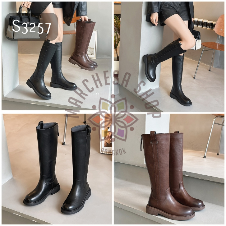 S3257 - 全真皮羊軟皮水磨圓頭後拉鏈平底長鞋