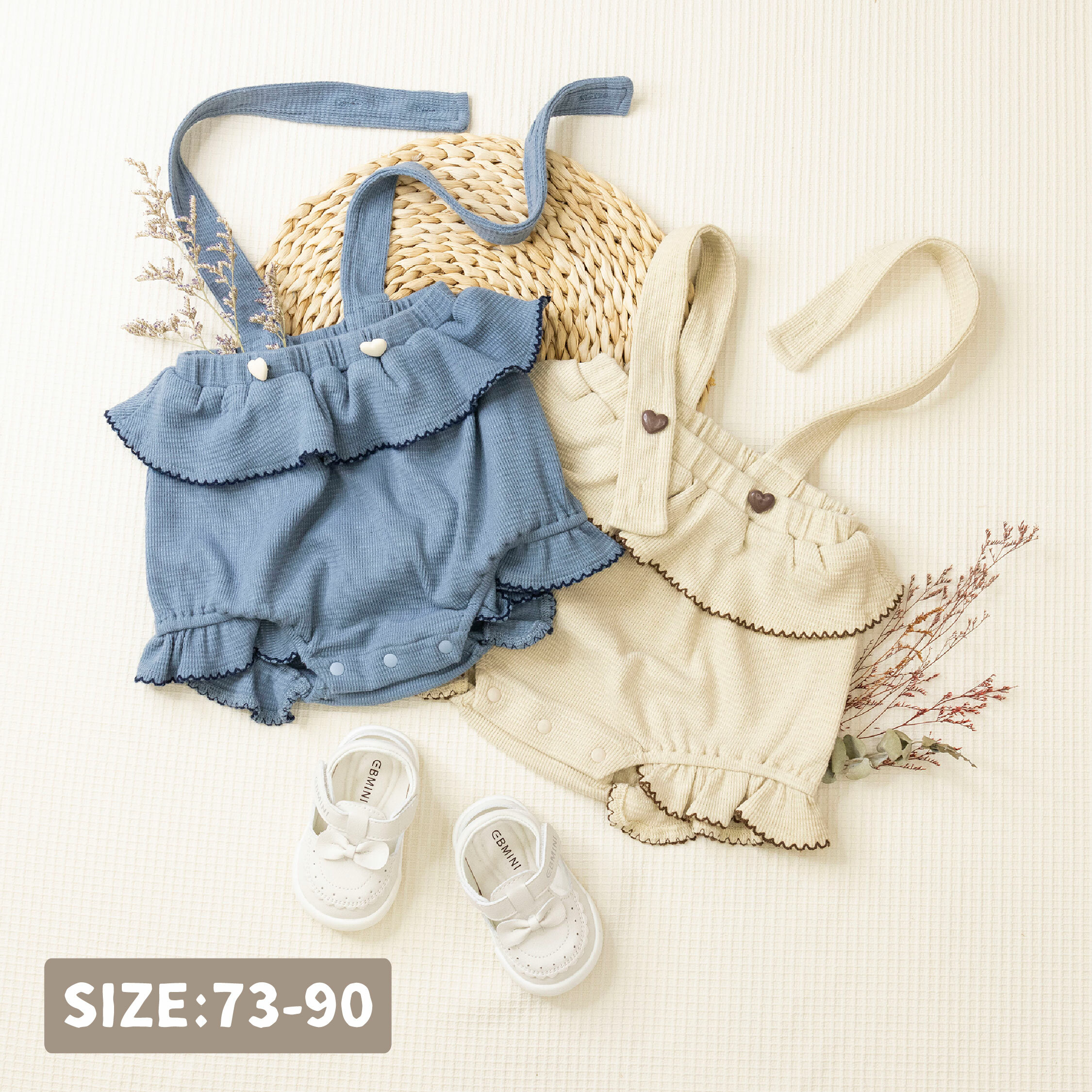 【JG3328】甜甜愛心鈕釦荷葉包屁吊帶褲