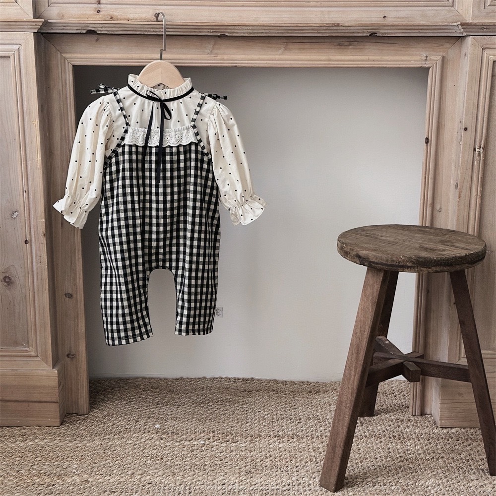 蕾絲格紋吊帶褲