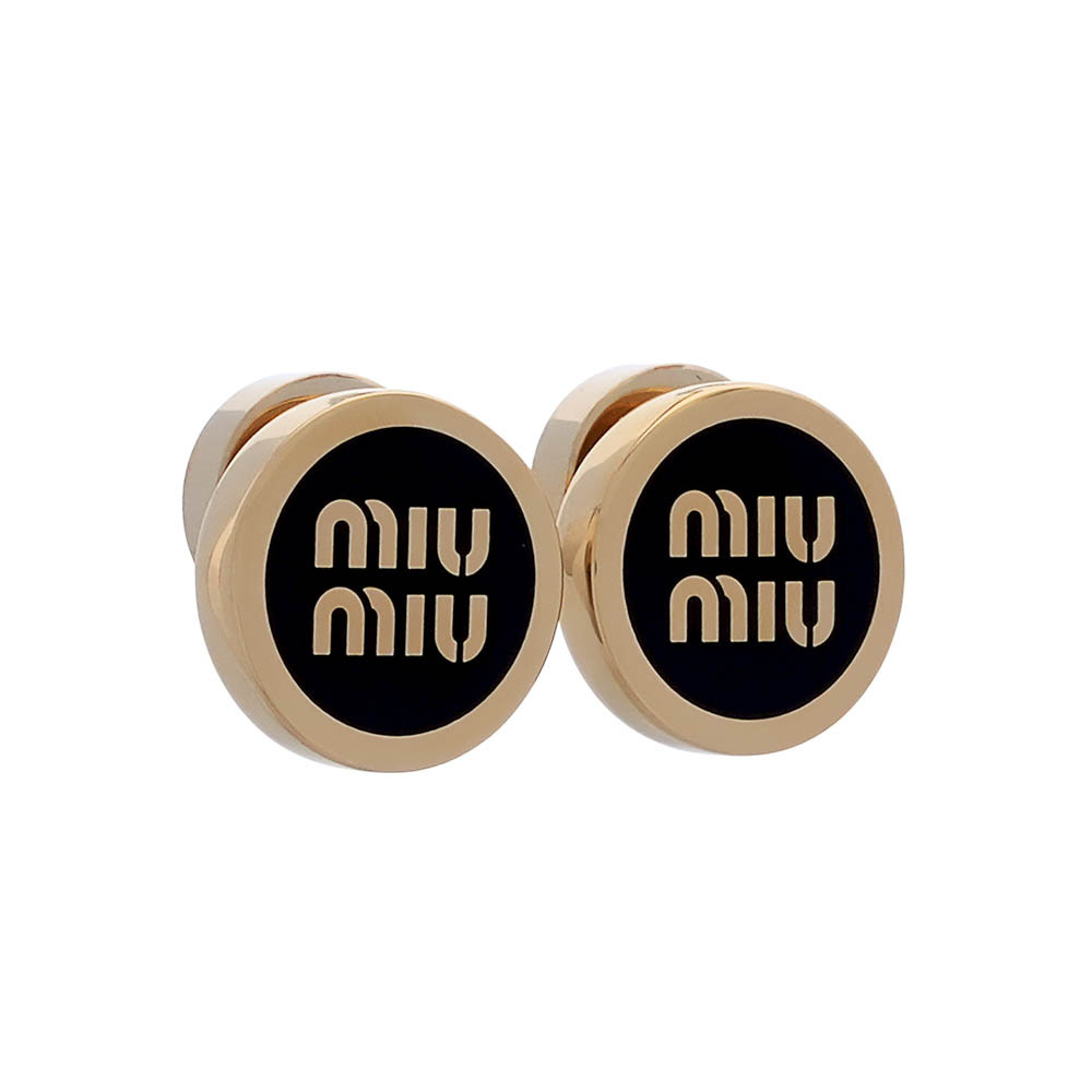 【MIU MIU】Logo 標誌琺瑯及金屬針式耳環(黑色)5JO912 2F6T F0002
