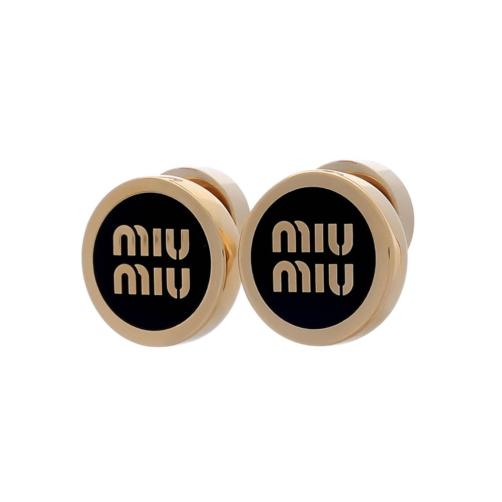 【MIU MIU】Logo 標誌琺瑯及金屬針式耳環(黑色)5JO912 2F6T F0002