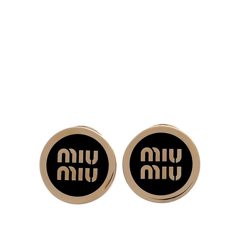 【MIU MIU】Logo 標誌琺瑯及金屬針式耳環(黑色)5JO912 2F6T F0002