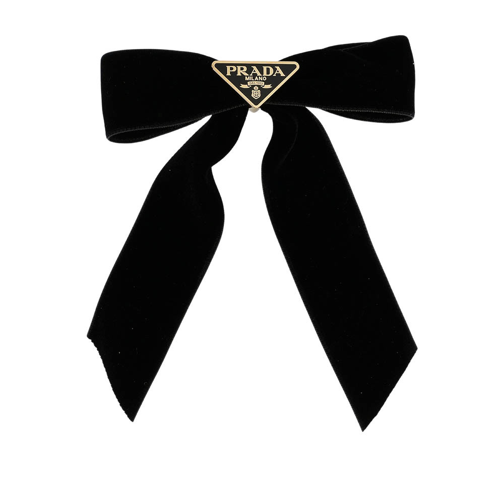 【PRADA】金色三角牌標誌絲絨蝴蝶結髮夾(黑色)1IF154 068 F0002