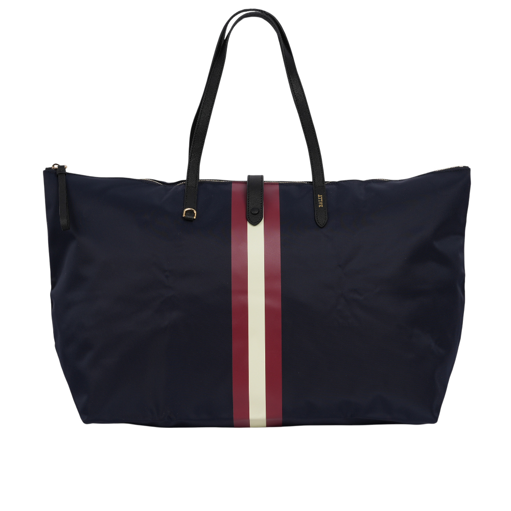 【BALLY】經典紅白條紋可折疊尼龍大款托特包